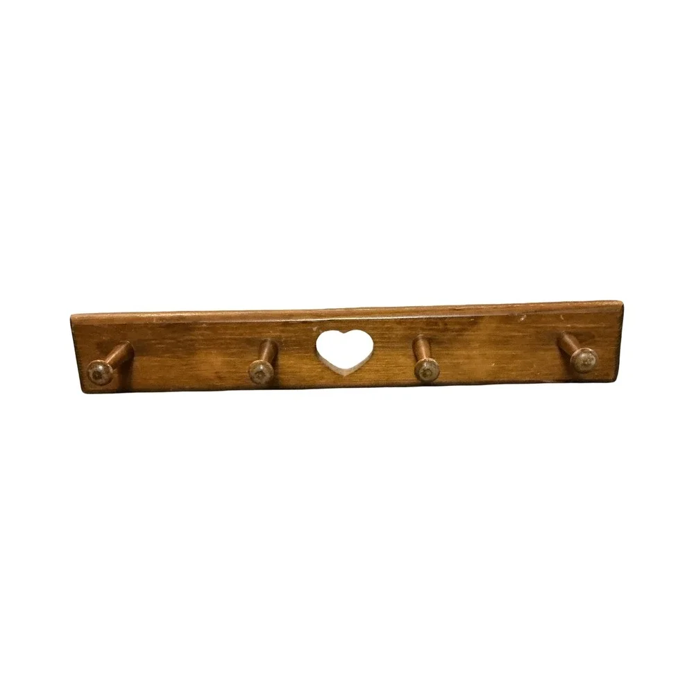 Vintage Wood Wall Peg Rack Heart Cutout 4 Hook Coat Hat Hanger Made in Mexico